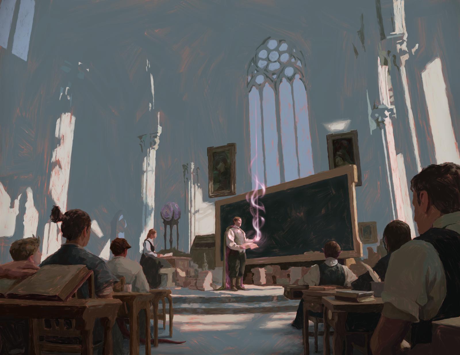 A gothic lecture hall at Academy Arcantra, chalkboard glowing